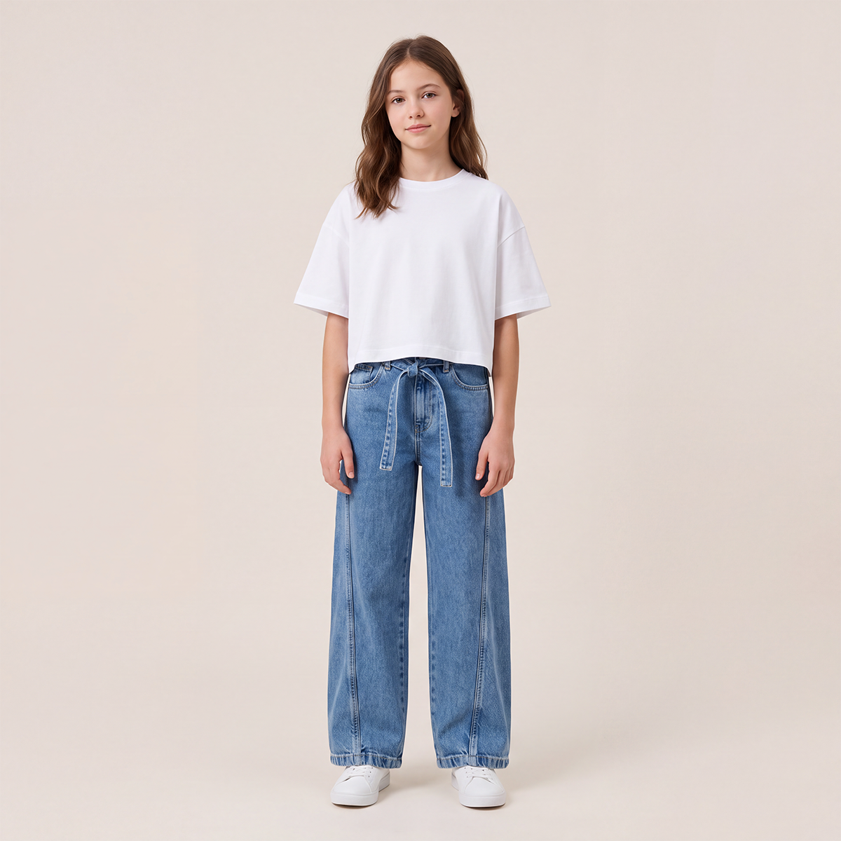 Jean para niñas bota recta con cinturón en denim - Azul