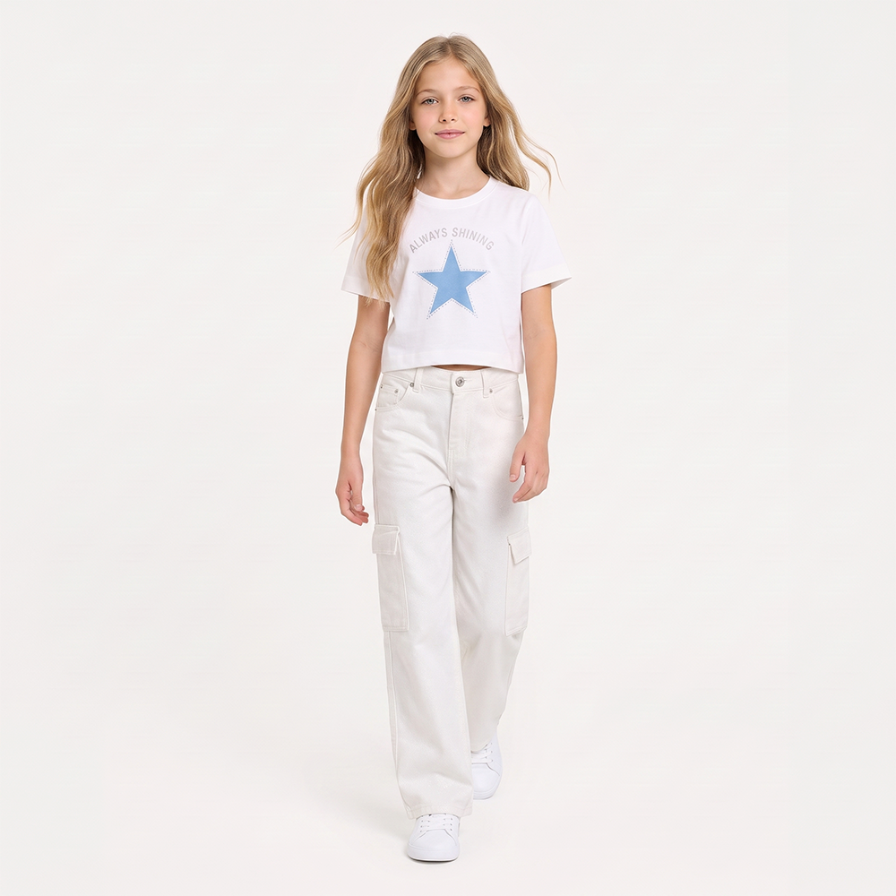 Jean cargo para niñas bota recta con diseño en glitter color Off white