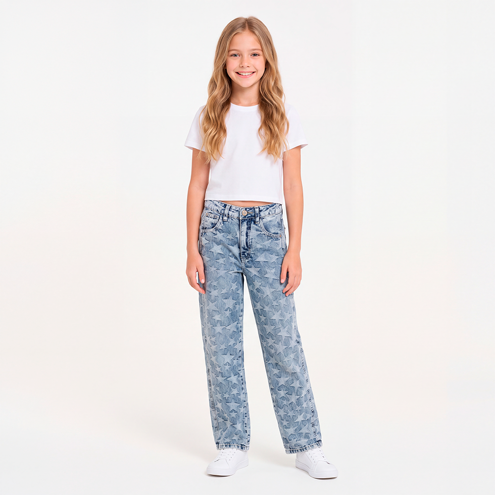 Jean para niñas bota recta con diseño de estrellas jacquard - Azul