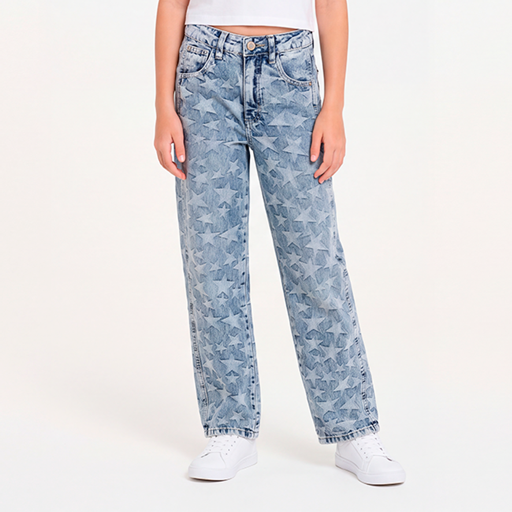Jean para niñas bota recta con diseño de estrellas jacquard - Azul