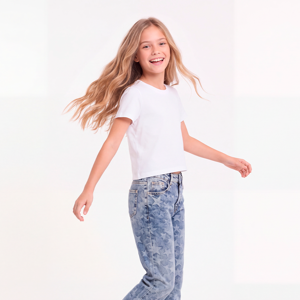 Jean para niñas bota recta con diseño de estrellas jacquard - Azul