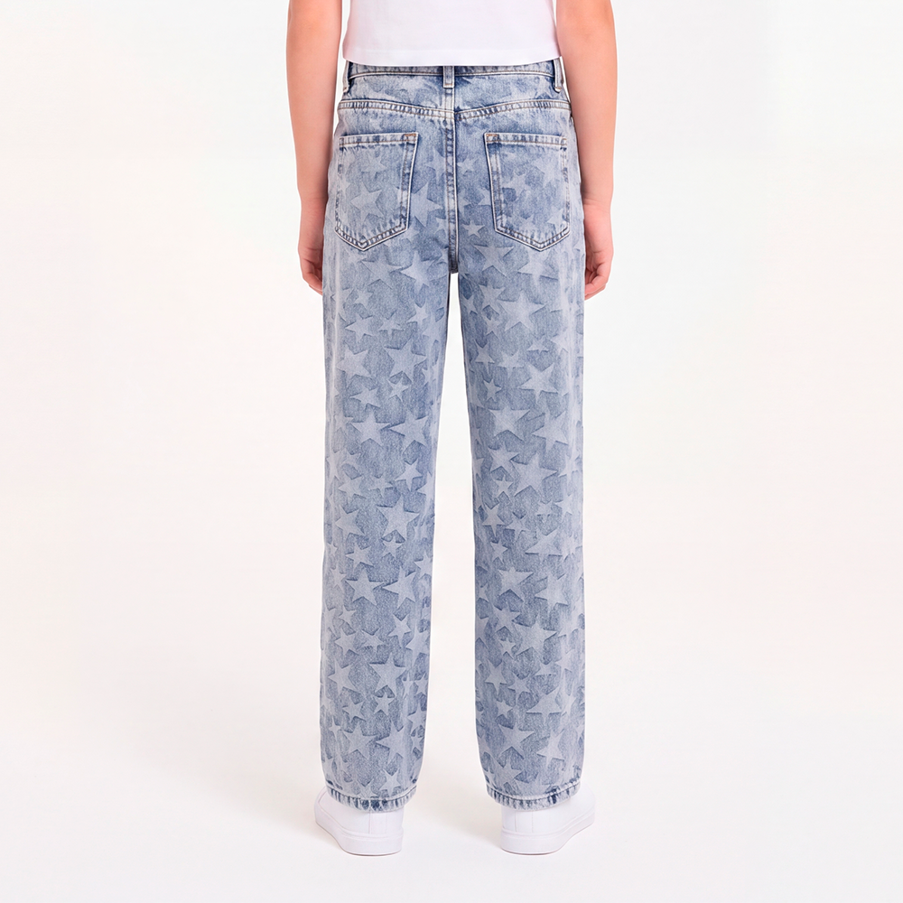 Jean para niñas bota recta con diseño de estrellas jacquard - Azul