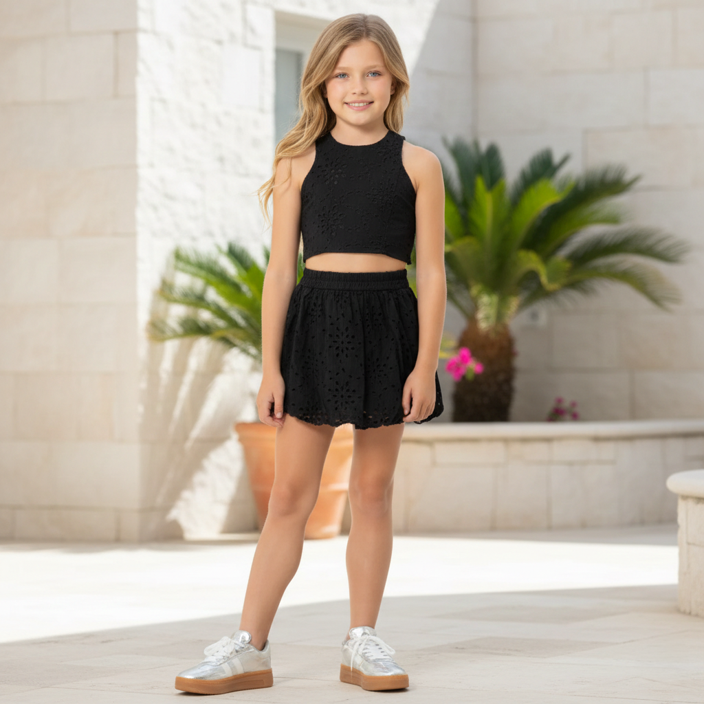 CONJUNTO PARA NIÑAS CROP TOP Y FALDA-SHORT EN OJALILLO