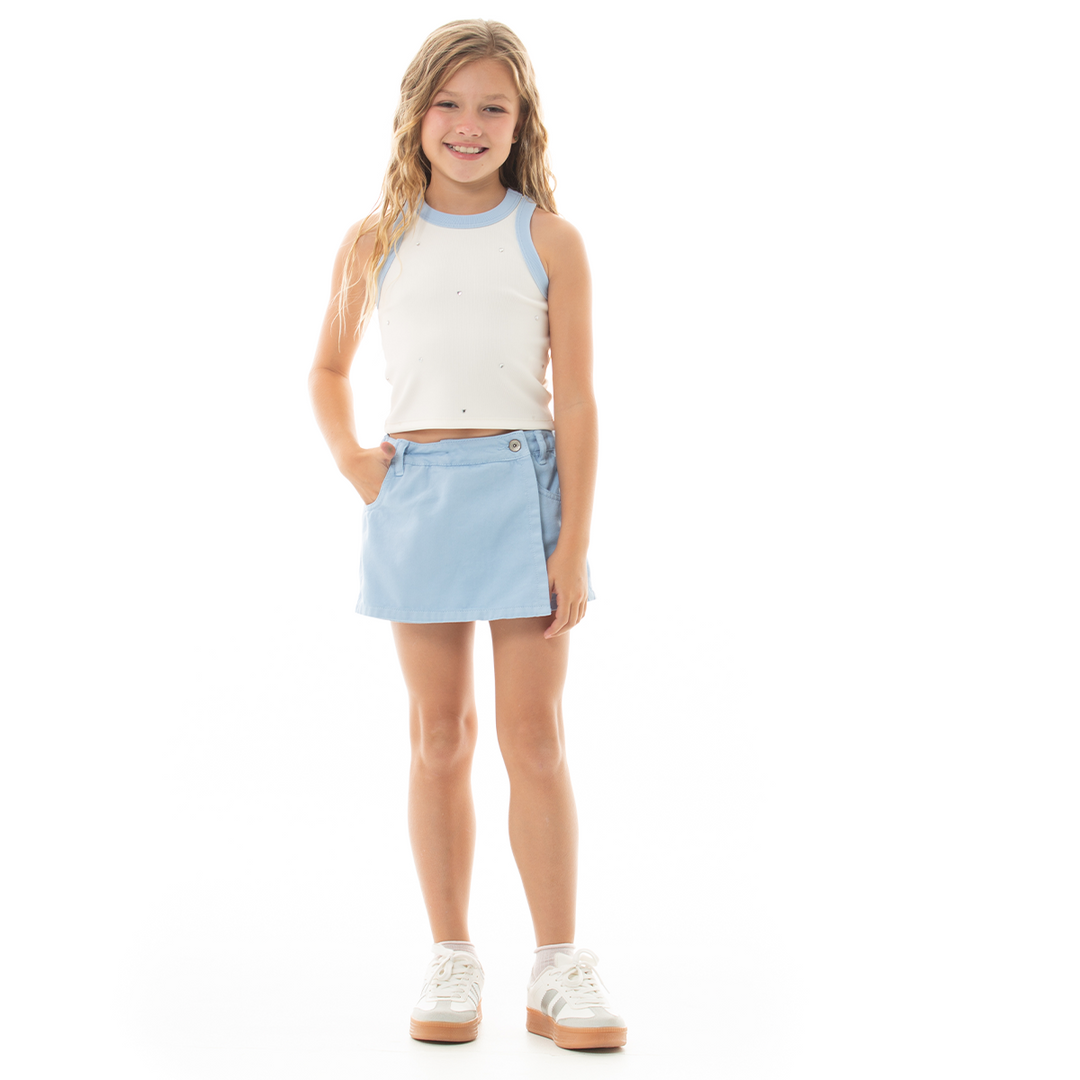 FALDA SHORT PARA NIÑAS - DRILL AZUL TEÑIDO