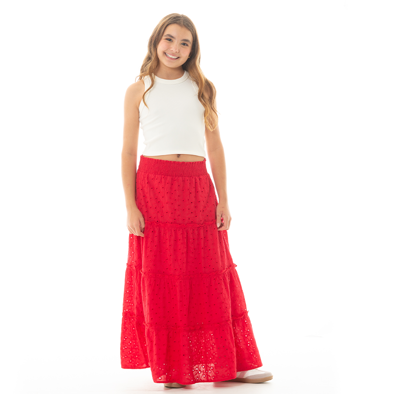 FALDA PARA NIÑAS LARGA EN DISEÑO DE OJALILLO