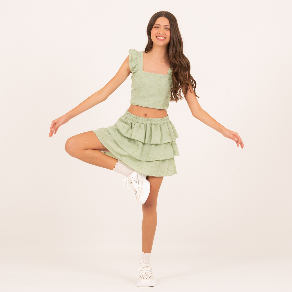 Set para niñas con falda de boleros y crop top - Verde