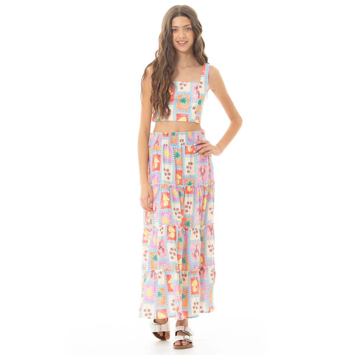 Falda para niñas larga con diseño tropical estampado