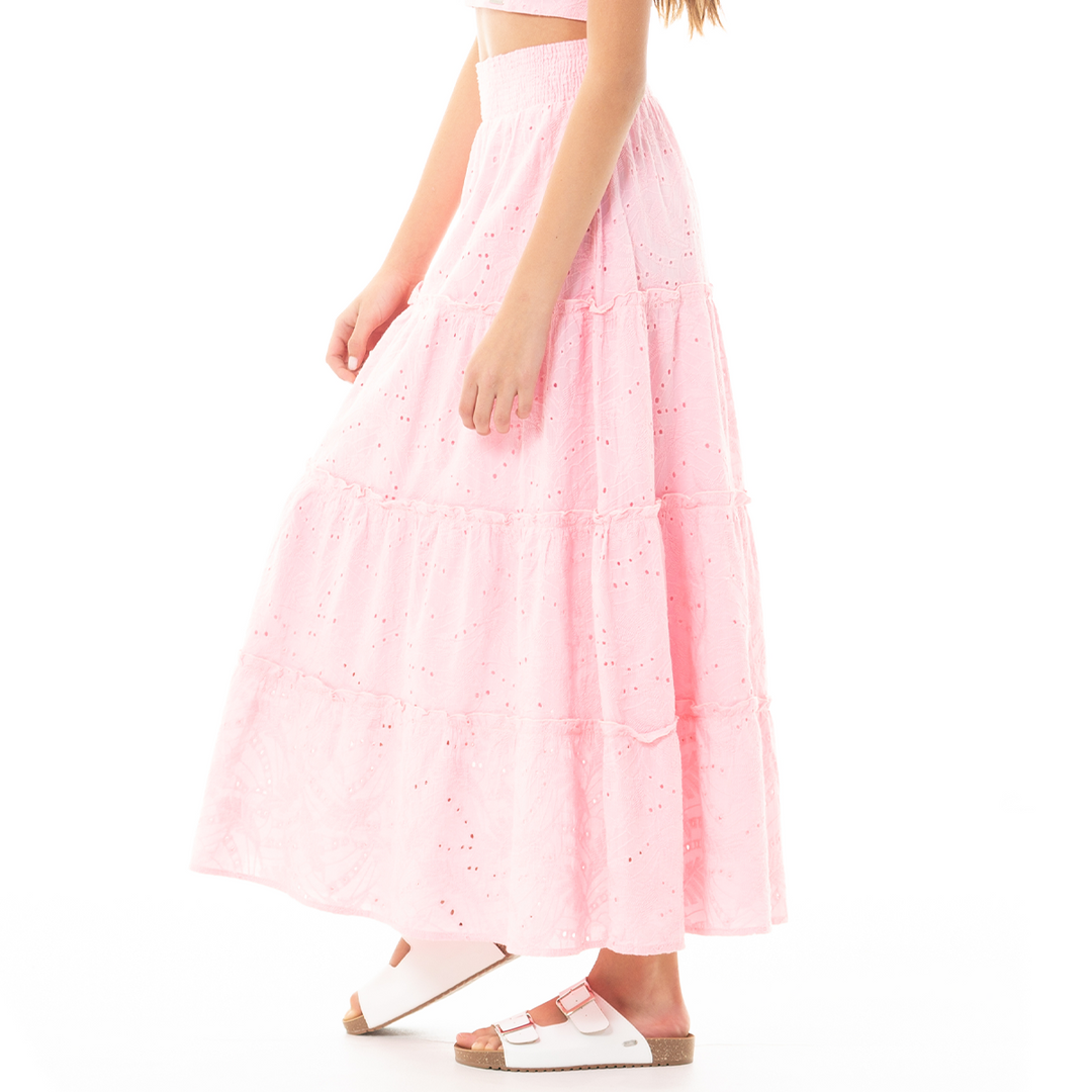 FALDA PARA NIÑAS LARGA ROSADA EN DISEÑO DE OJALILLO