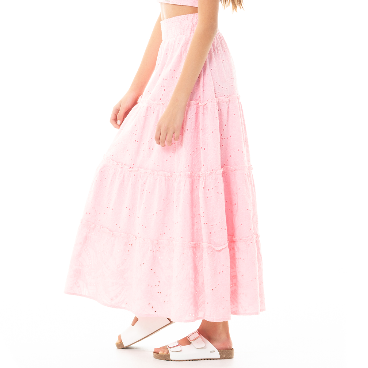 FALDA PARA NIÑAS LARGA ROSADA EN DISEÑO DE OJALILLO
