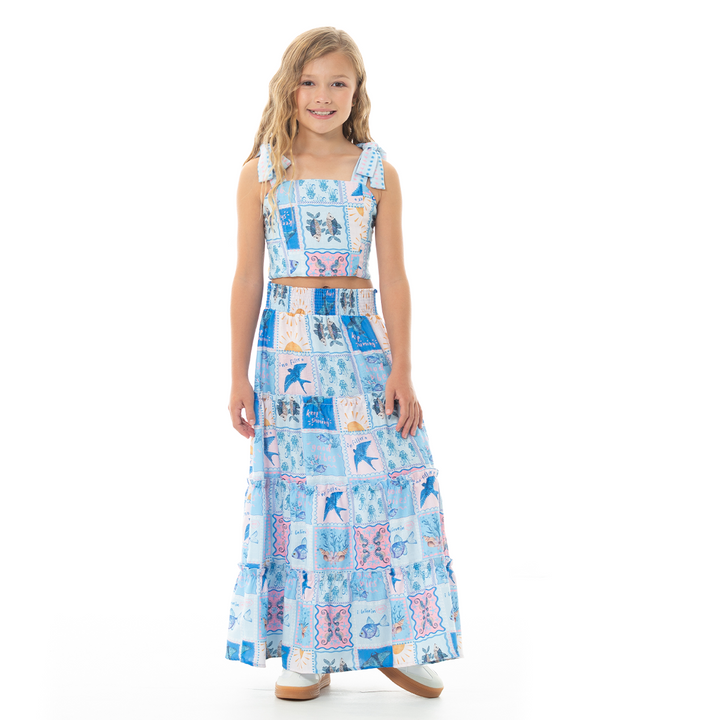 CONJUNTO PARA NIÑAS CROP TOP Y FALDA LARGA CON DISEÑO MARINO