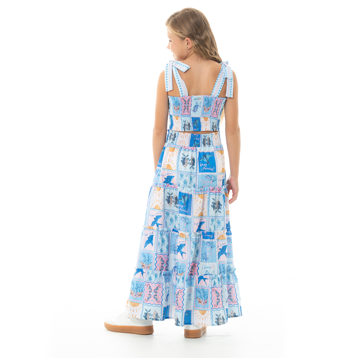 CONJUNTO PARA NIÑAS CROP TOP Y FALDA LARGA CON DISEÑO MARINO