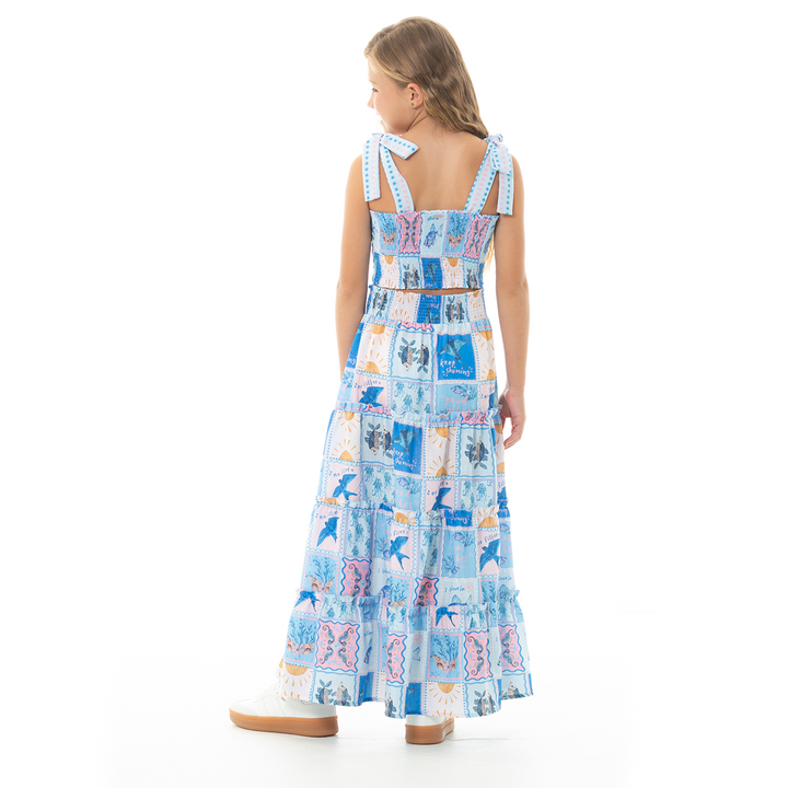 CONJUNTO PARA NIÑAS CROP TOP Y FALDA LARGA CON DISEÑO MARINO