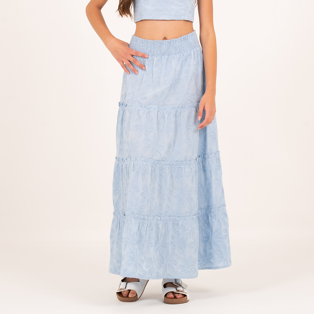 Falda para niñas larga con diseño de ojalillo - Azul claro