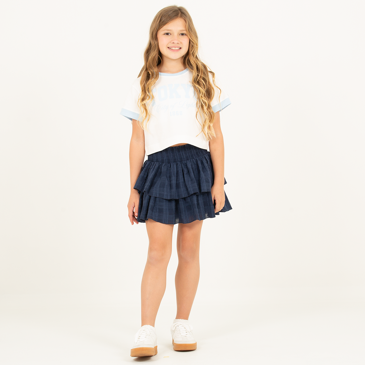 Falda short para niñas con boleros en capas - color azul