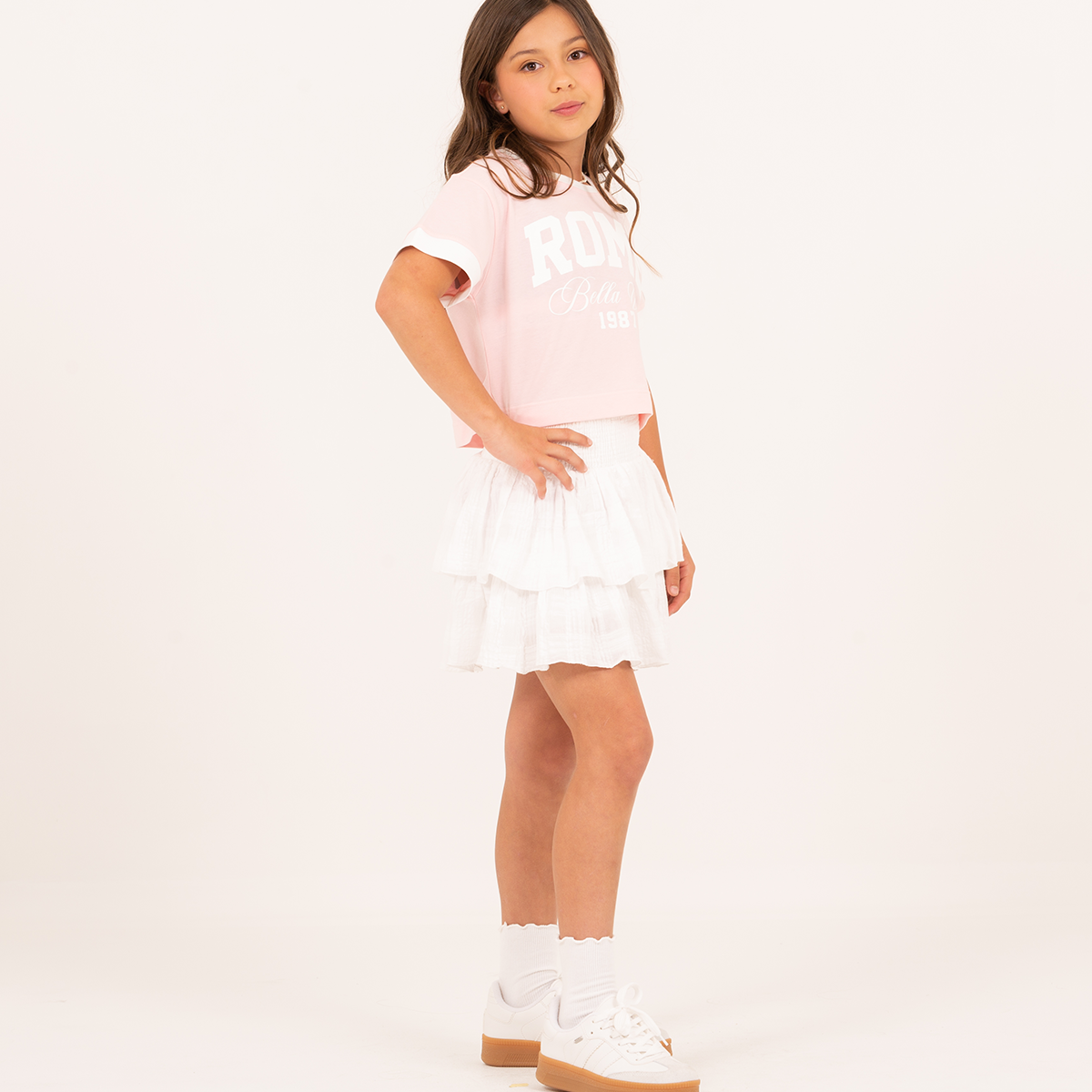 Falda short para niñas con boleros en capas - color blanco