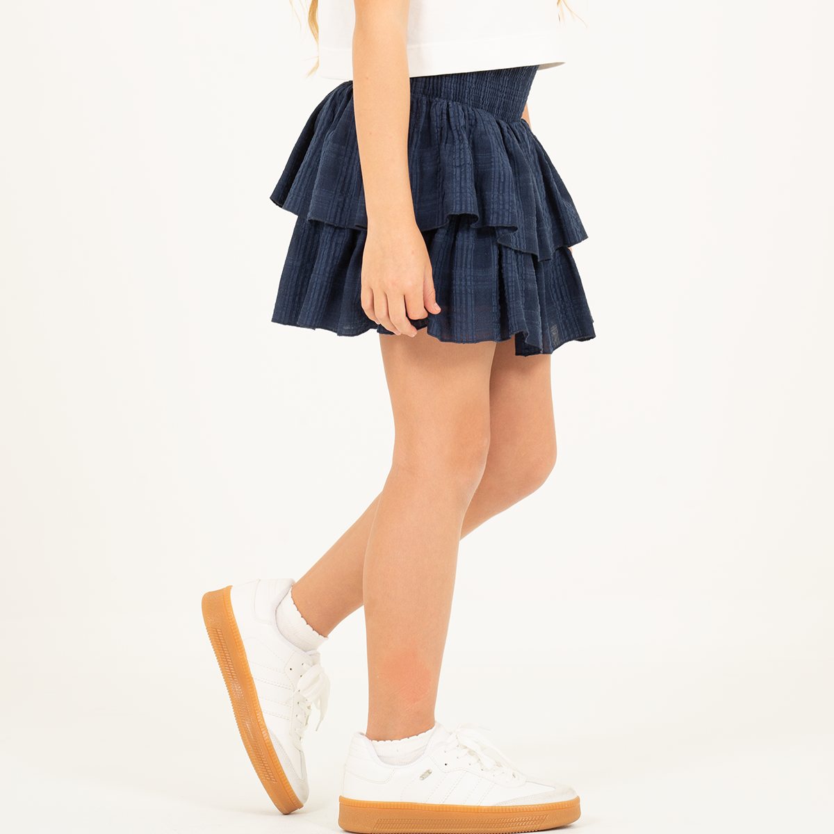 Falda short para niñas con boleros en capas - color azul