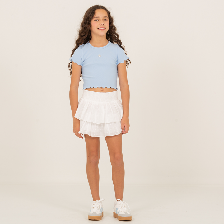 FALDA SHORT PARA NIÑAS CON BOLEROS EN CAPAS