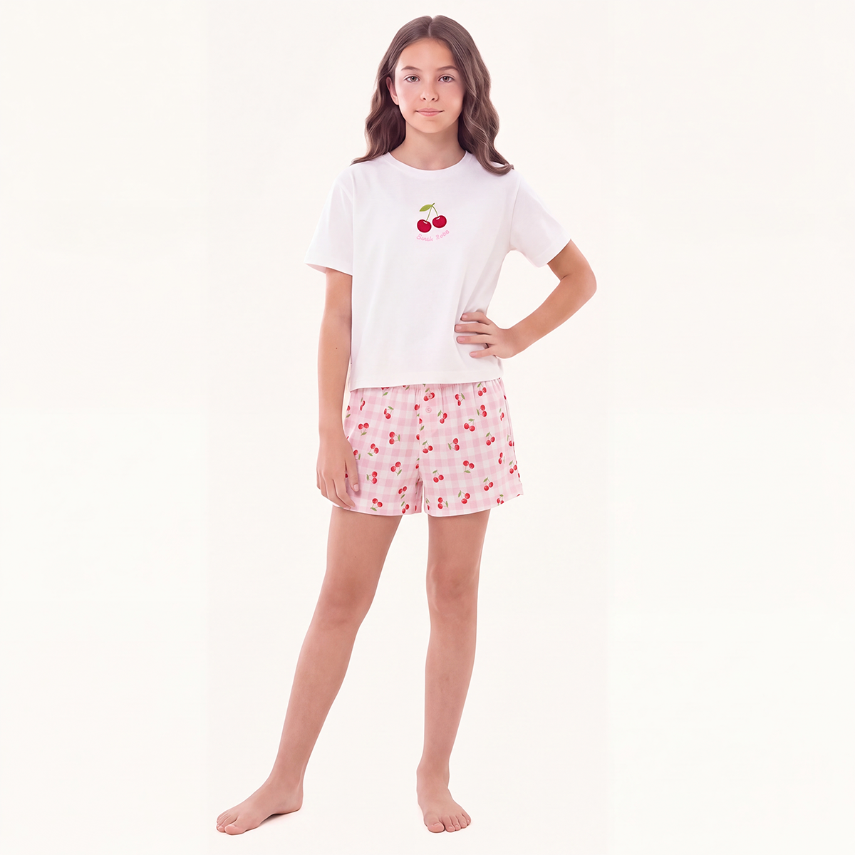 Pijama para niñas de short con diseño estampado de cerezas - Rosada