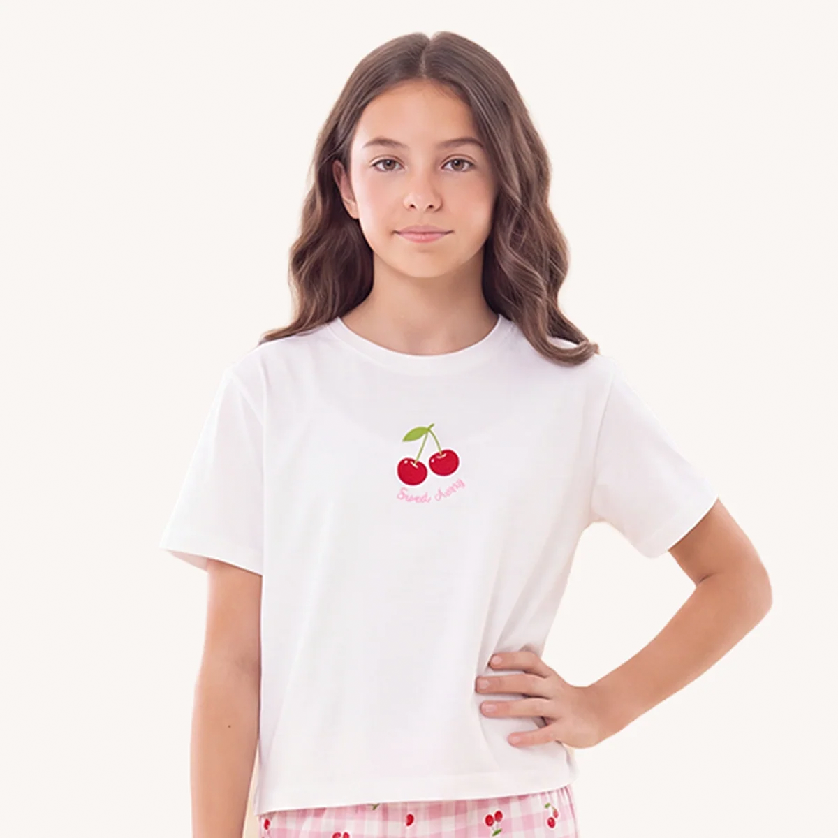 Pijama para niñas de short con diseño estampado de cerezas - Rosada
