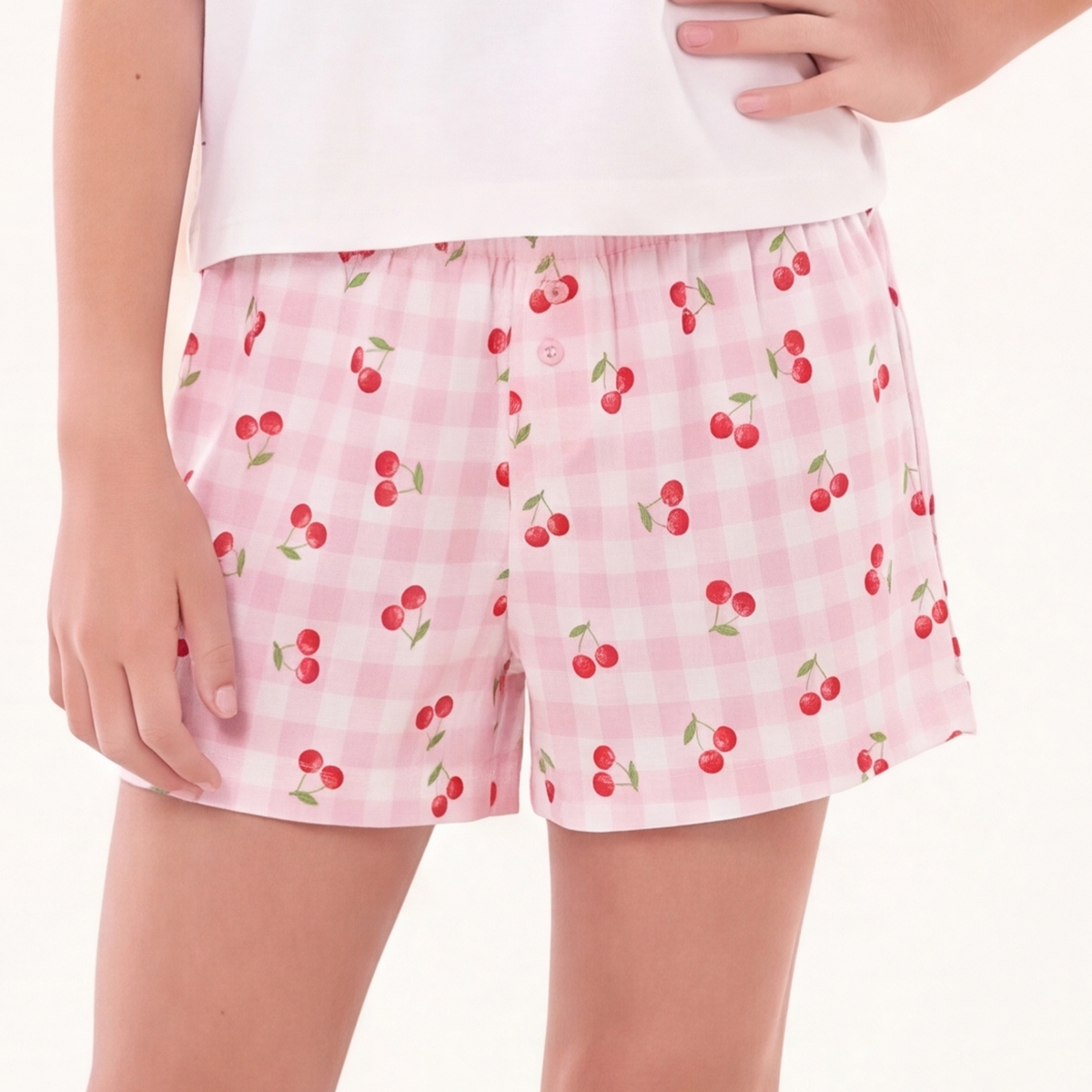 Pijama para niñas de short con diseño estampado de cerezas - Rosada