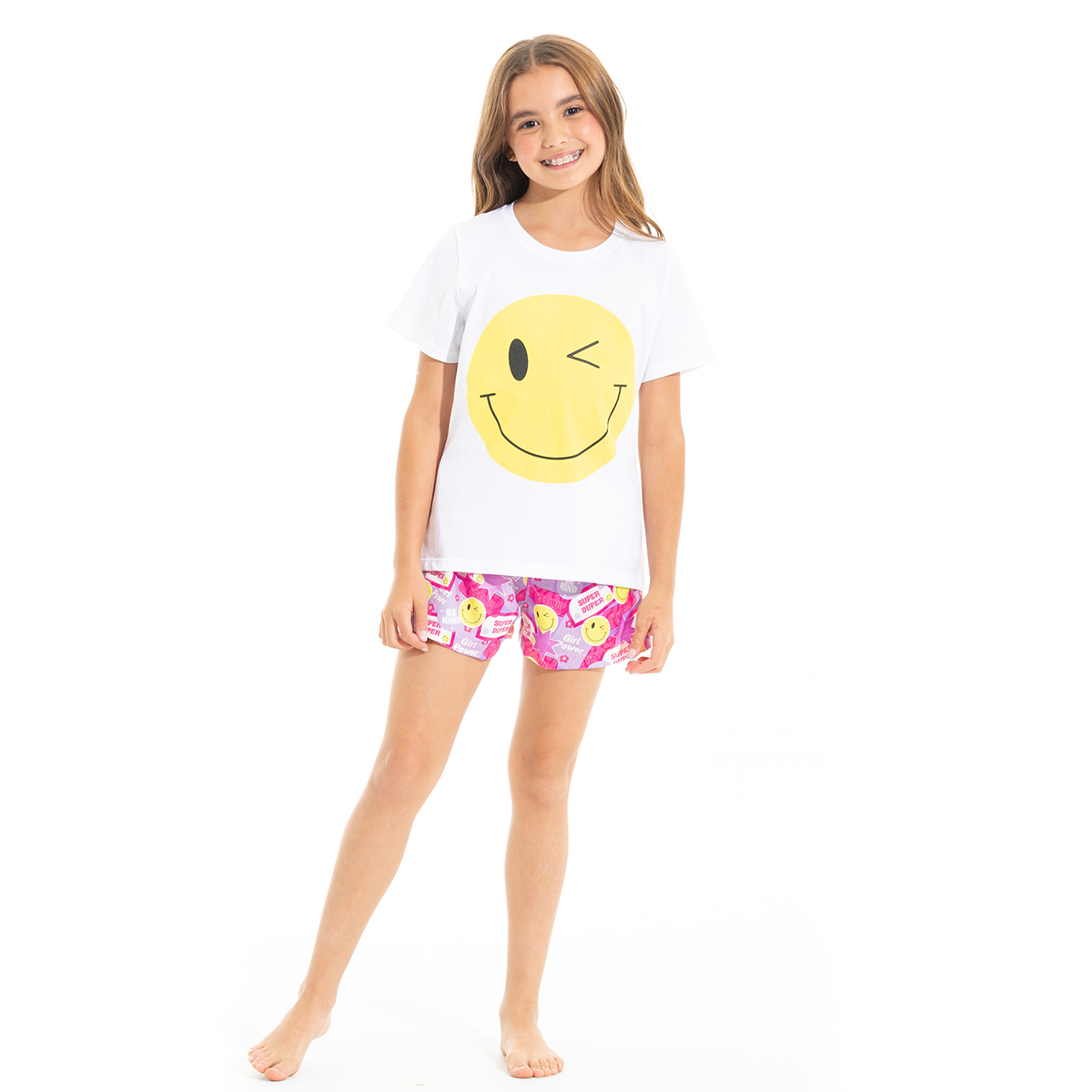 PIJAMA PARA NIÑAS DE SHORT CON DISEÑO DE CARITA