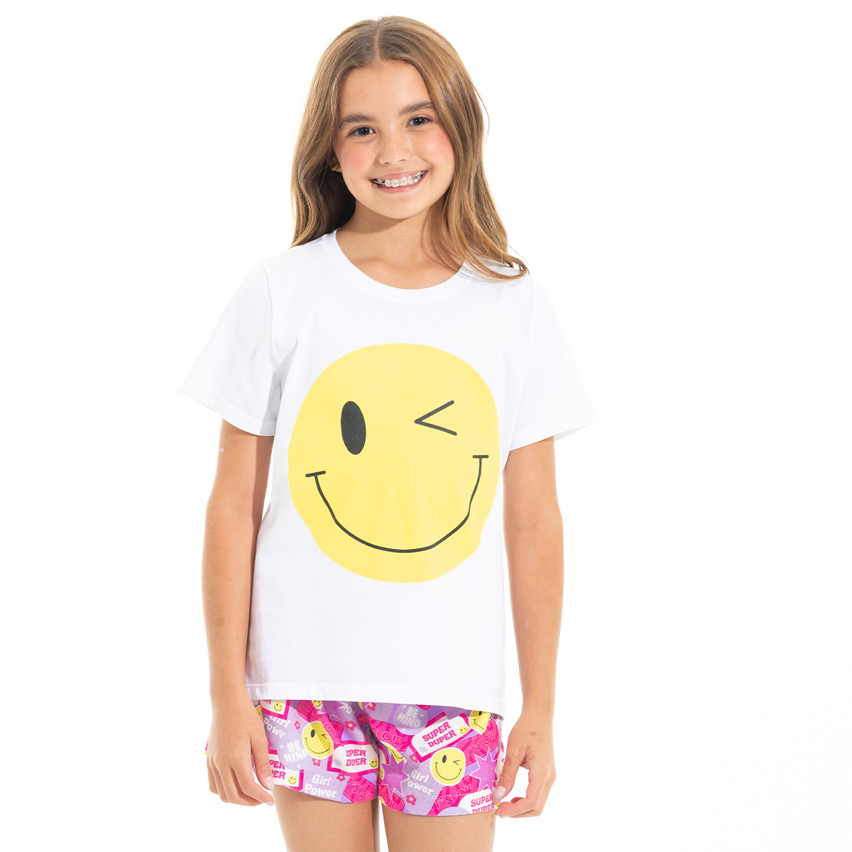 PIJAMA PARA NIÑAS DE SHORT CON DISEÑO DE CARITA