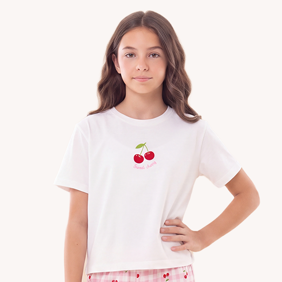 Pijama para niñas de pantalon con diseño estampado de cerezas - Rosado