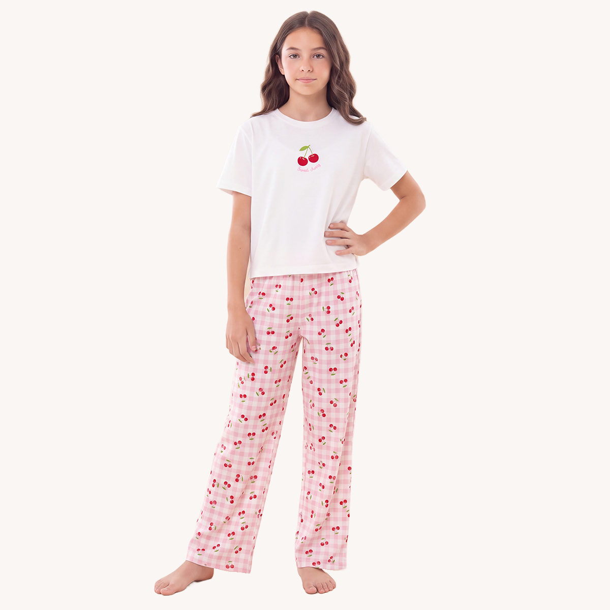Pijama para niñas de pantalon con diseño estampado de cerezas - Rosado