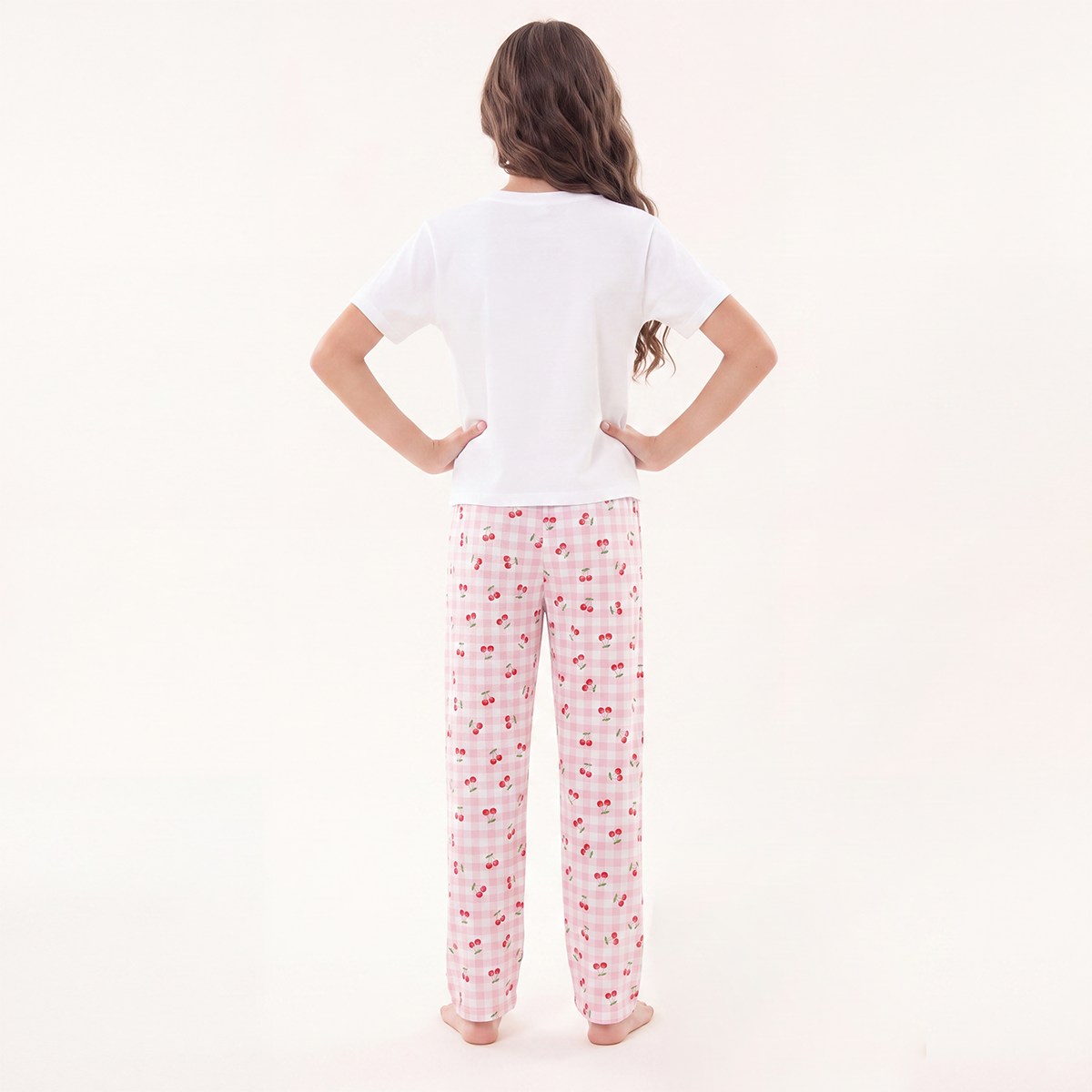 Pijama para niñas de pantalon con diseño estampado de cerezas - Rosado