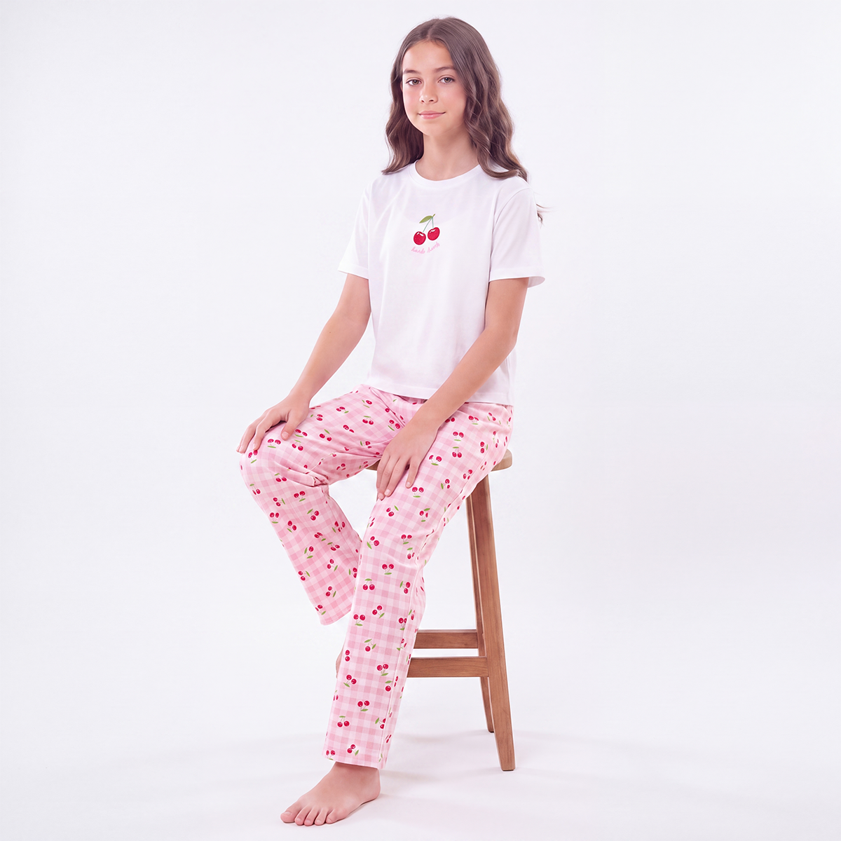 Pijama para niñas de pantalon con diseño estampado de cerezas - Rosado
