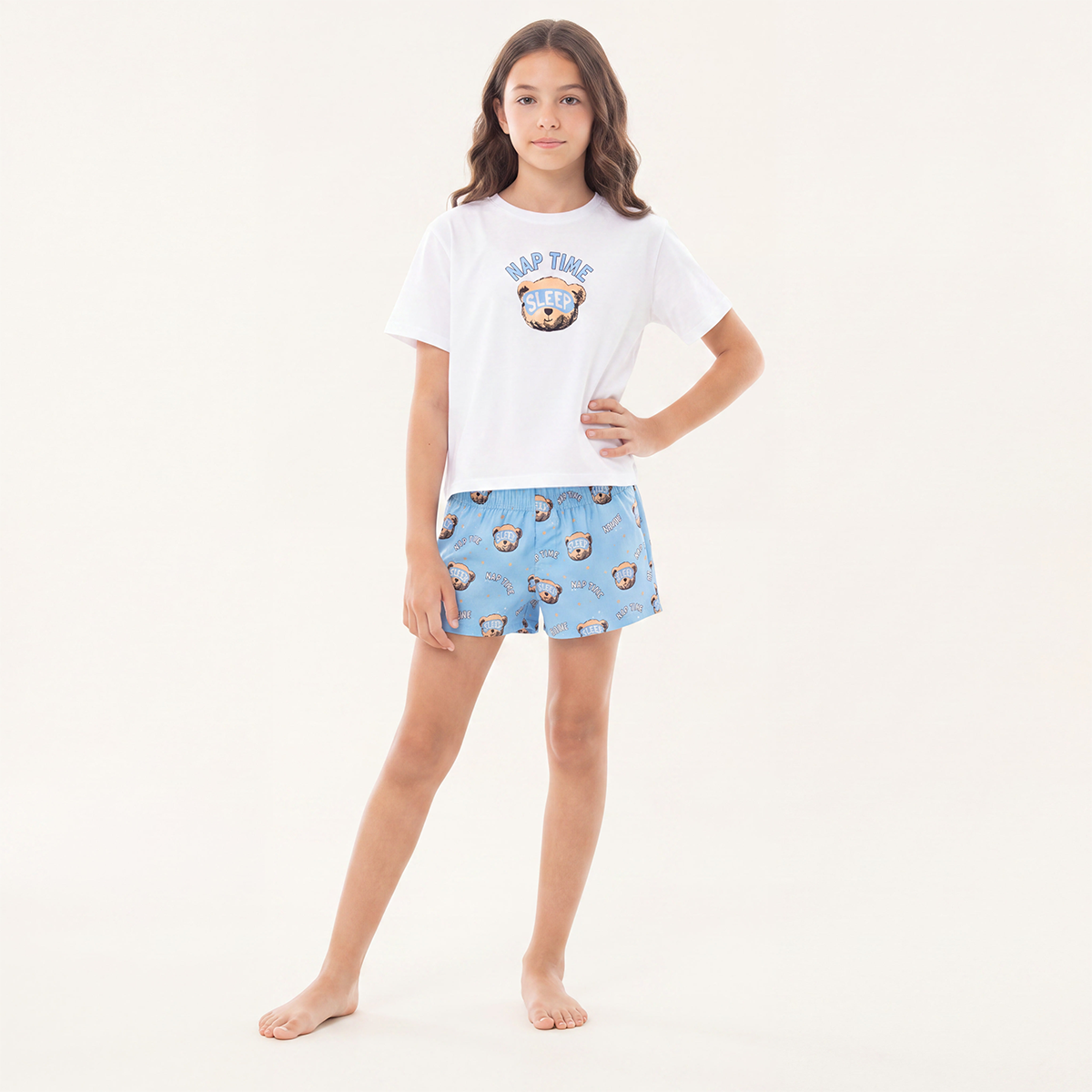 Pijama para niñas de short con diseño estampado nap time sleep - Azul