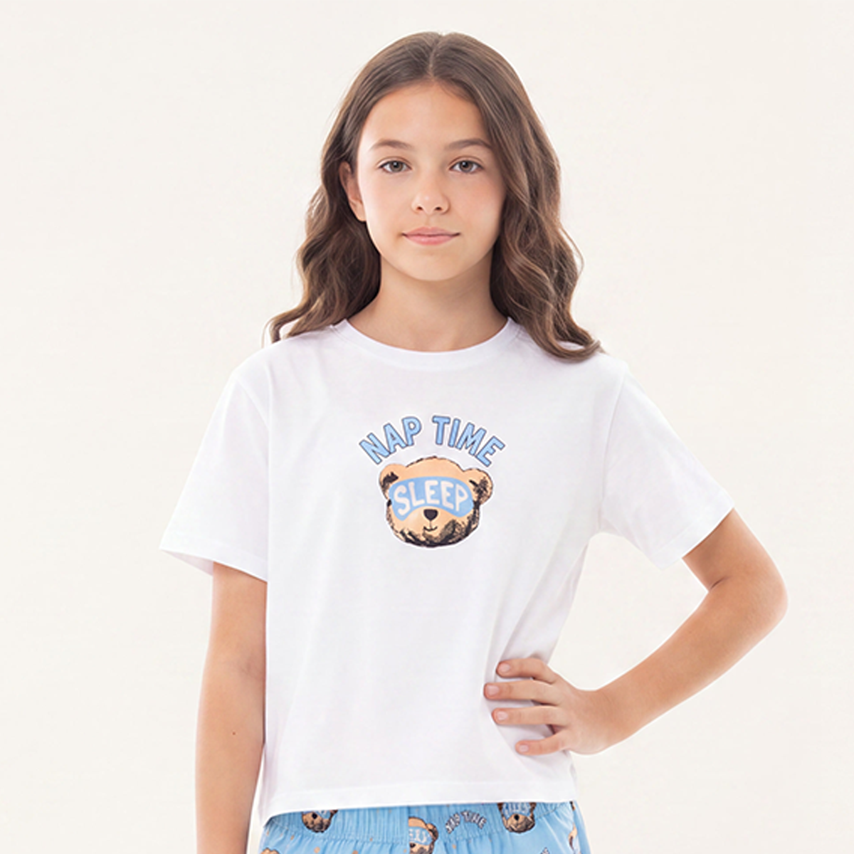 Pijama para niñas de short con diseño estampado nap time sleep - Azul
