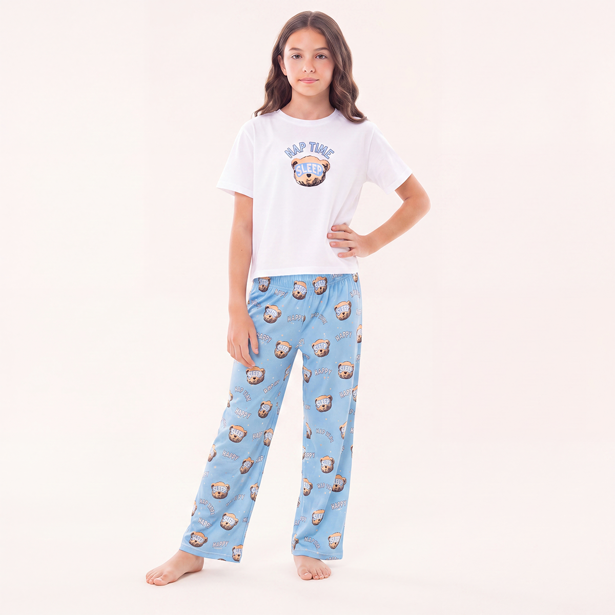 Pijama para niñas de pantalon con diseño estampado nap time sleep - Azul