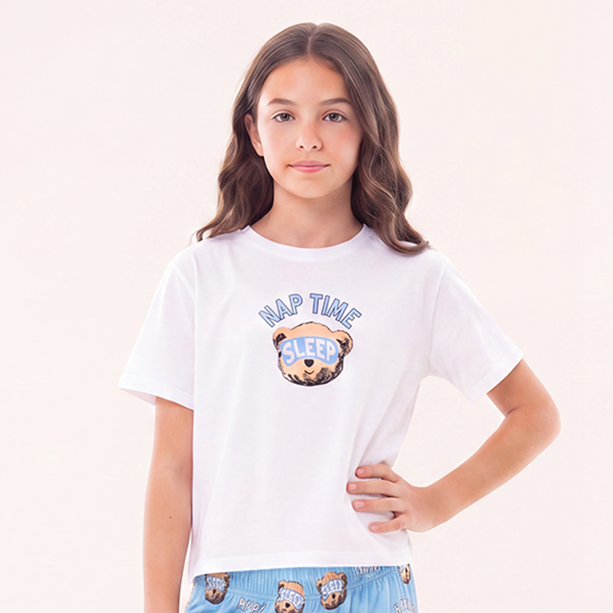 Pijama para niñas de pantalon con diseño estampado nap time sleep - Azul