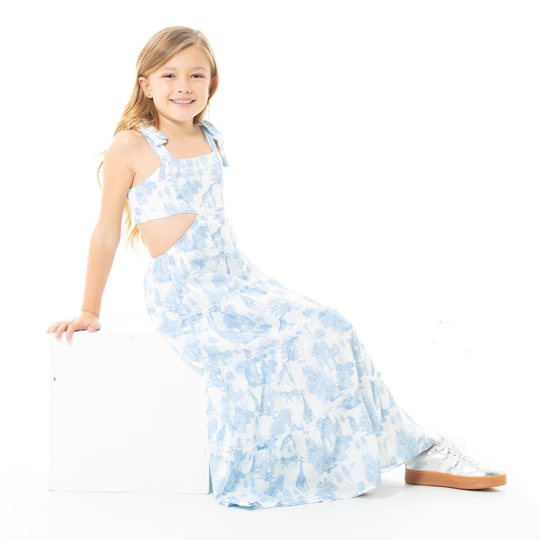VESTIDO PARA NIÑAS LARGO CON DISEÑO TROPICAL
