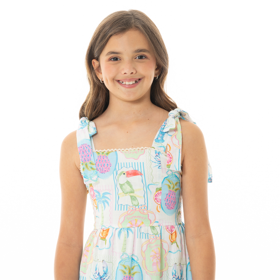 VESTIDO PARA NIÑAS LARGO CON DISEÑO TROPICAL
