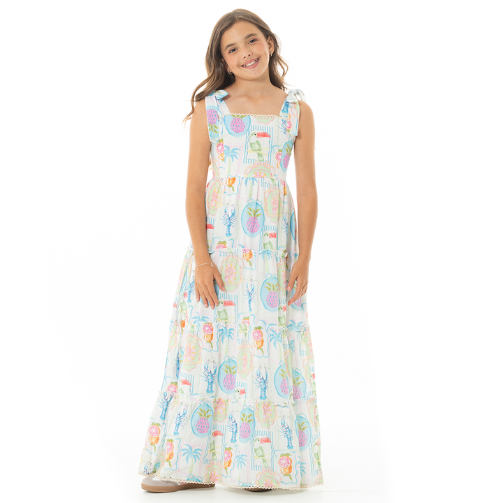 VESTIDO PARA NIÑAS LARGO CON DISEÑO TROPICAL