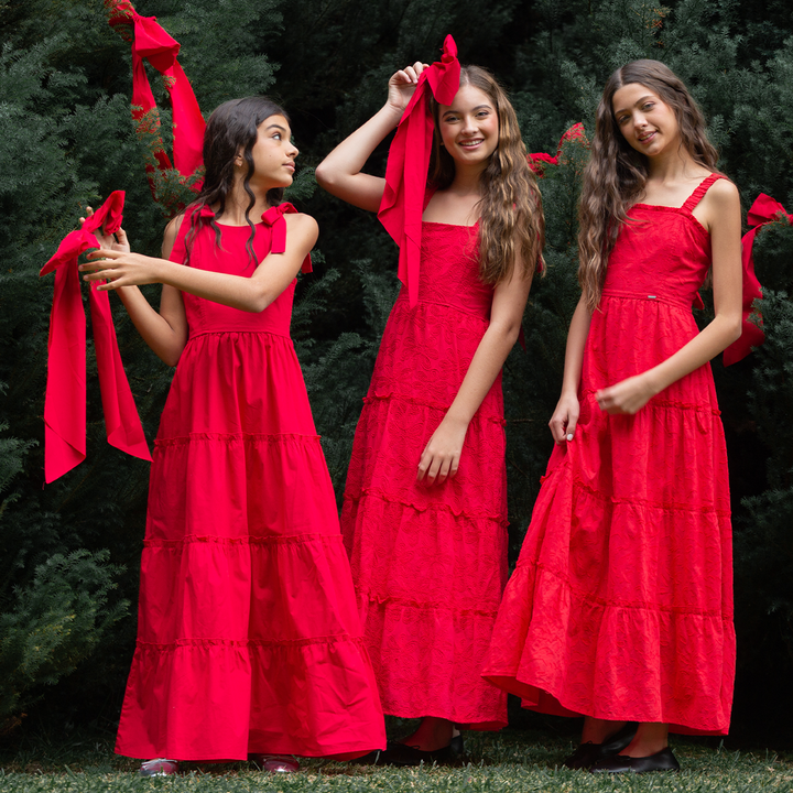 VESTIDO PARA NIÑAS LARGO CON DISEÑO - COLOR ROJO