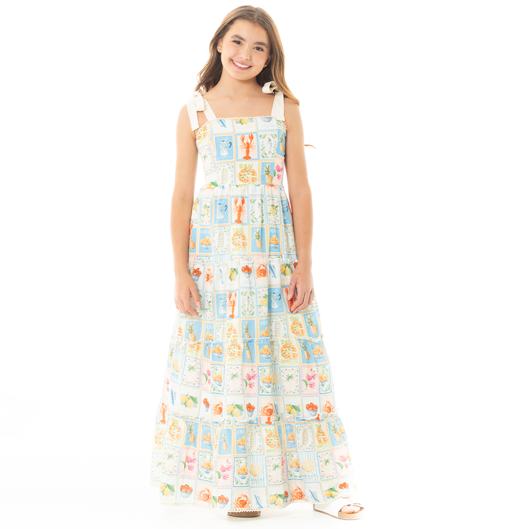 VESTIDO PARA NIÑAS LARGO CON DISEÑO TROPICAL