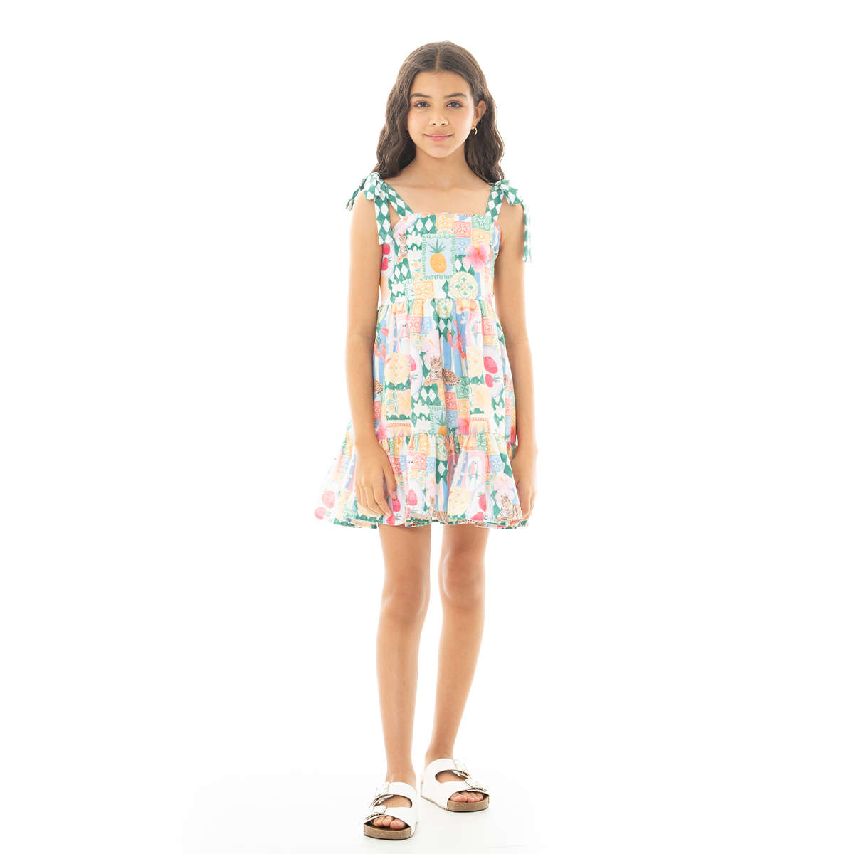 VESTIDO PARA NIÑAS CORTO CON DISEÑO TROPICAL
