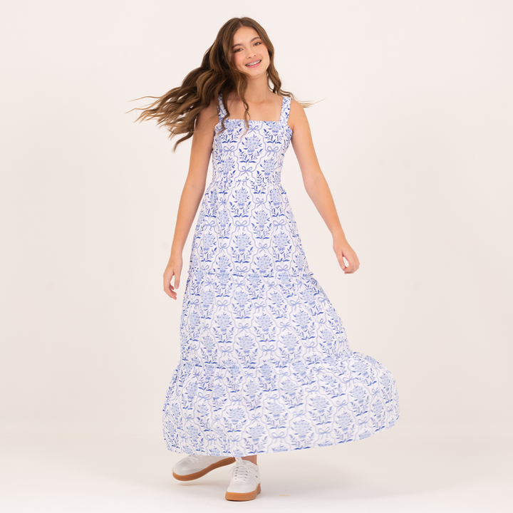 VESTIDO MAXI EN ALGODÓN TEXTURIZADO Y ESTAMPADO PARA NIÑAS