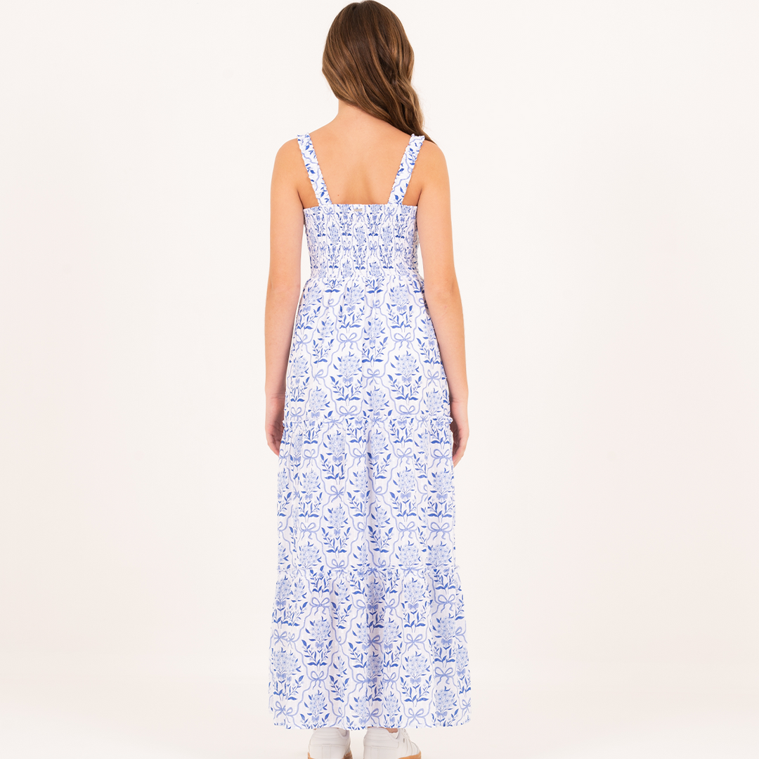 VESTIDO MAXI EN ALGODÓN TEXTURIZADO Y ESTAMPADO PARA NIÑAS