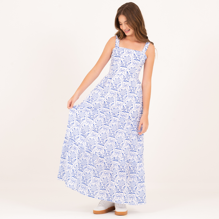 VESTIDO MAXI EN ALGODÓN TEXTURIZADO Y ESTAMPADO PARA NIÑAS