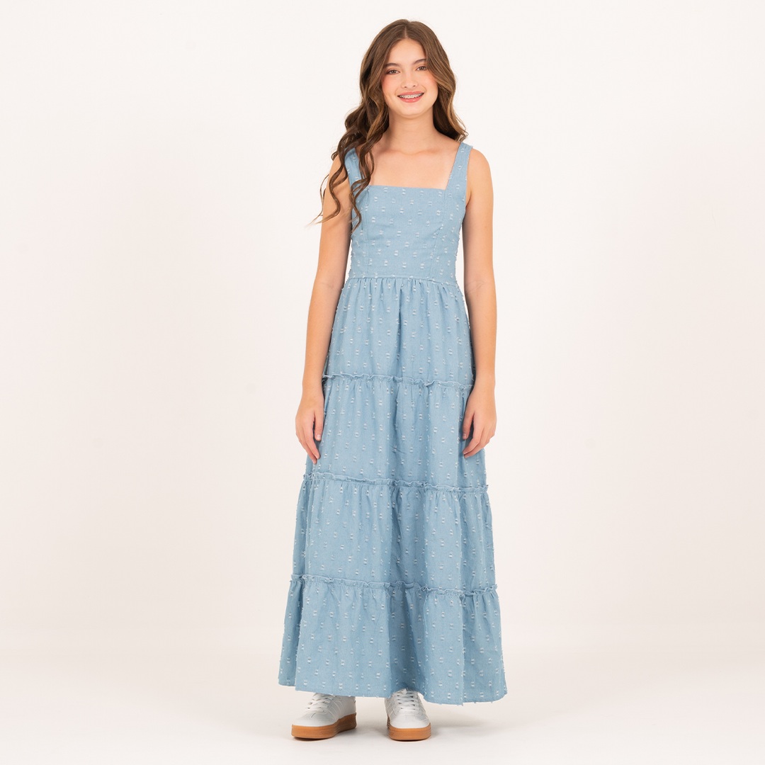 VESTIDO LARGO PARA NIÑA EN ALGODÓN CON EFECTO DENIM