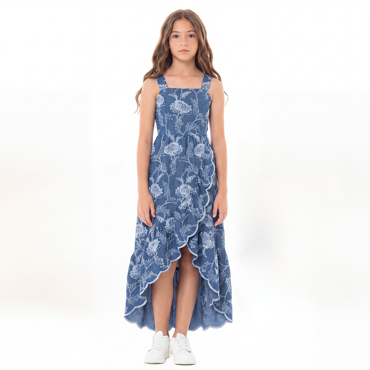 Vestido para niñas largo con diseño bordado floral - Azul