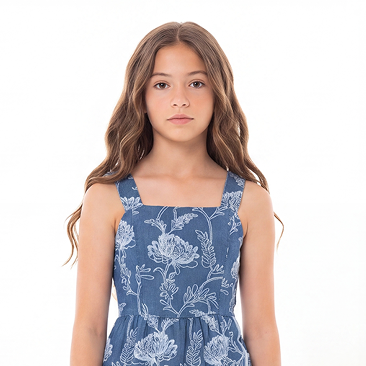 Vestido para niñas largo con diseño bordado floral - Azul