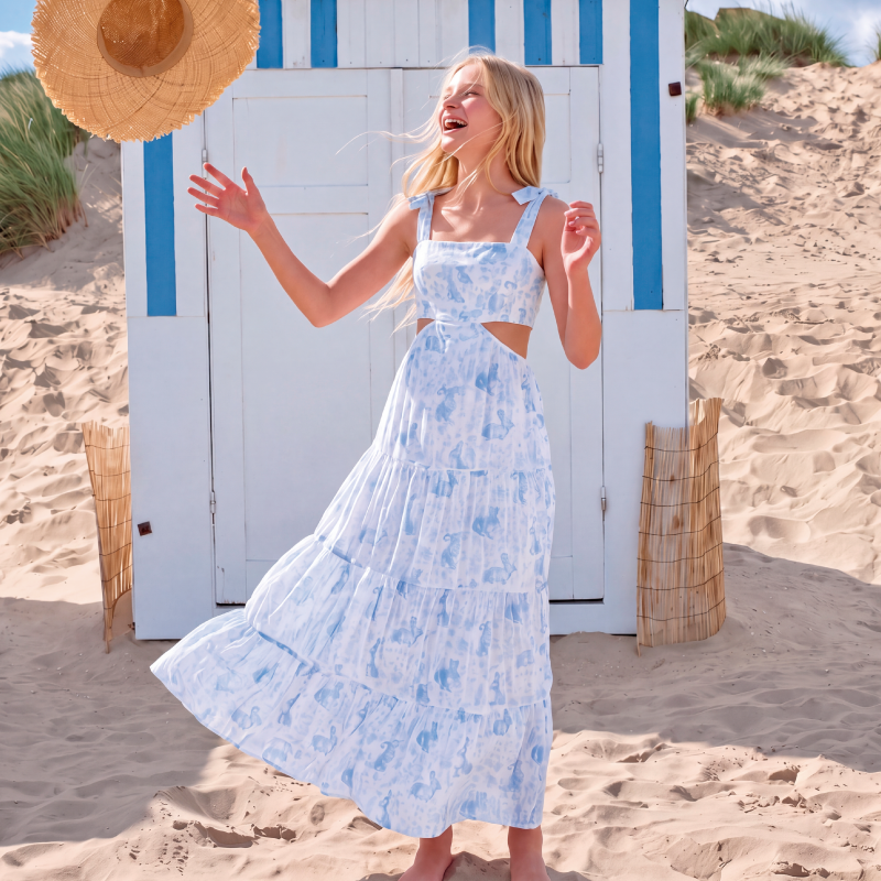 Vestido para niñas largo con diseño estampado de conejos