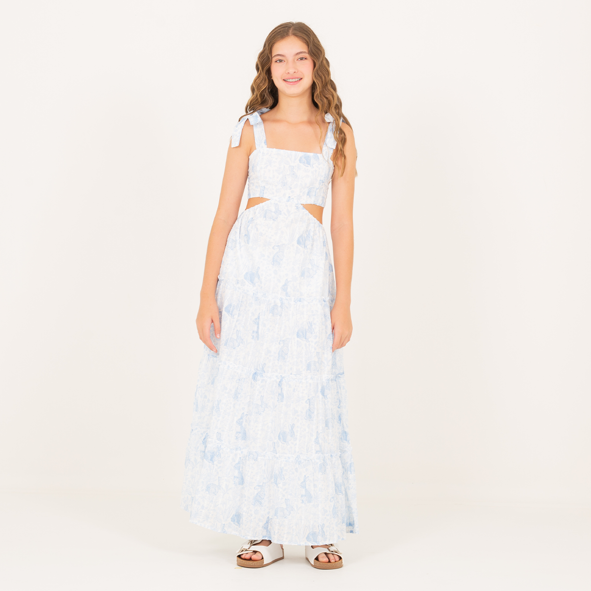 Vestido para niñas largo con diseño estampado de conejos