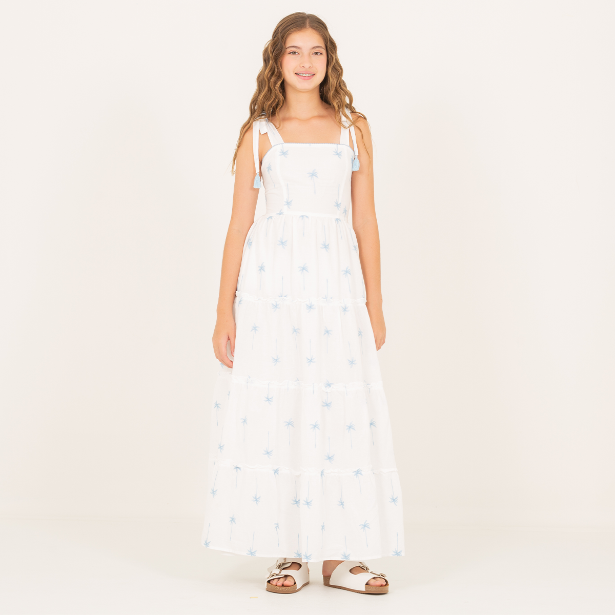 Vestido para niñas maxi con diseño de palmeras bordadas