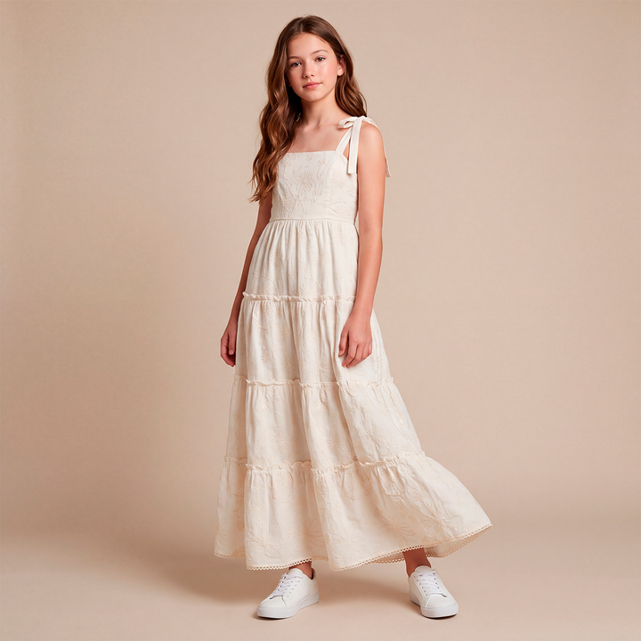 Vestido para niñas maxi bordado tono a tono – Marfil